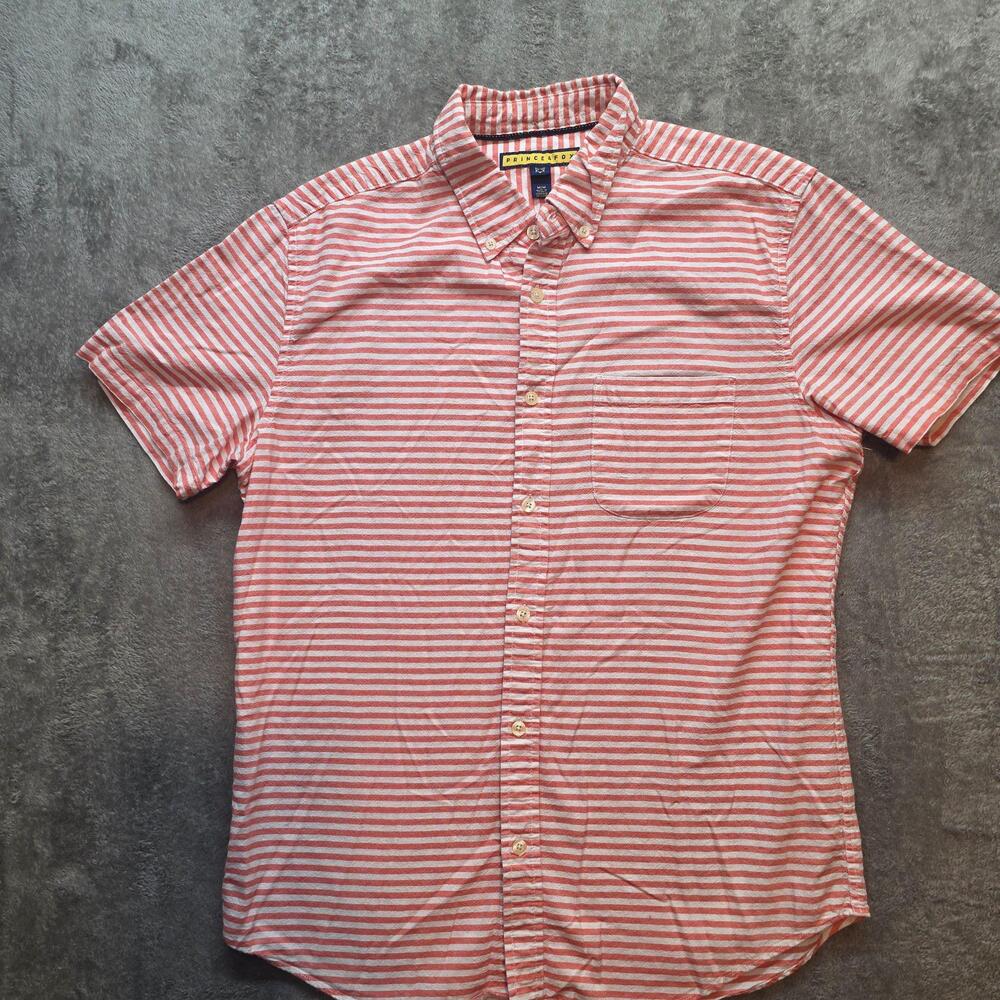 Prince & Fox Button Up Shirt Mens M Red Striped Short Sleeve Cotton Casual